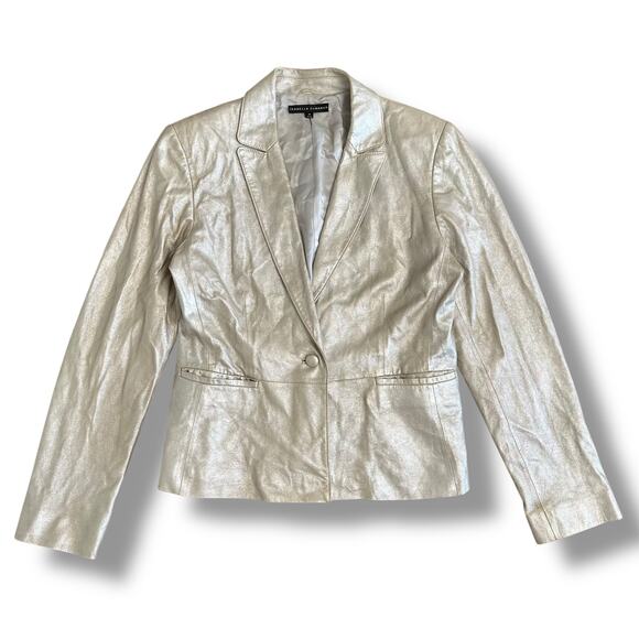 Isabella DeMarco Metallic Silver Genuine Leather Blazer Jacket Size M - Picture 1 of 10